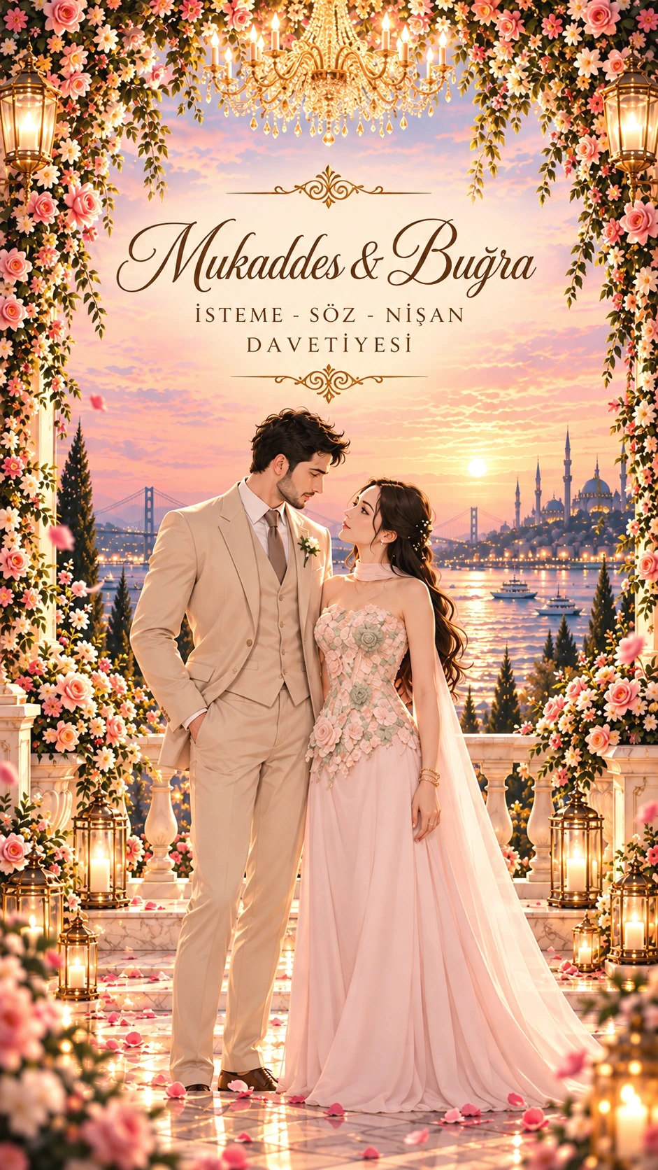 Mukaddes ve Buğra nişan davetiyesi ve romantik çift çizimi